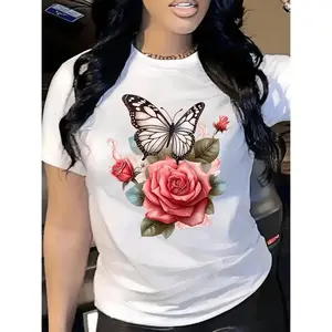 Women's Floral Print Crew Neck T shirt with Pink Rose and Green Foliage Design Soft Breathable Short Sleeve Casual Elegant Versatile Summer Party Attire All Season Comfort Local Shipping