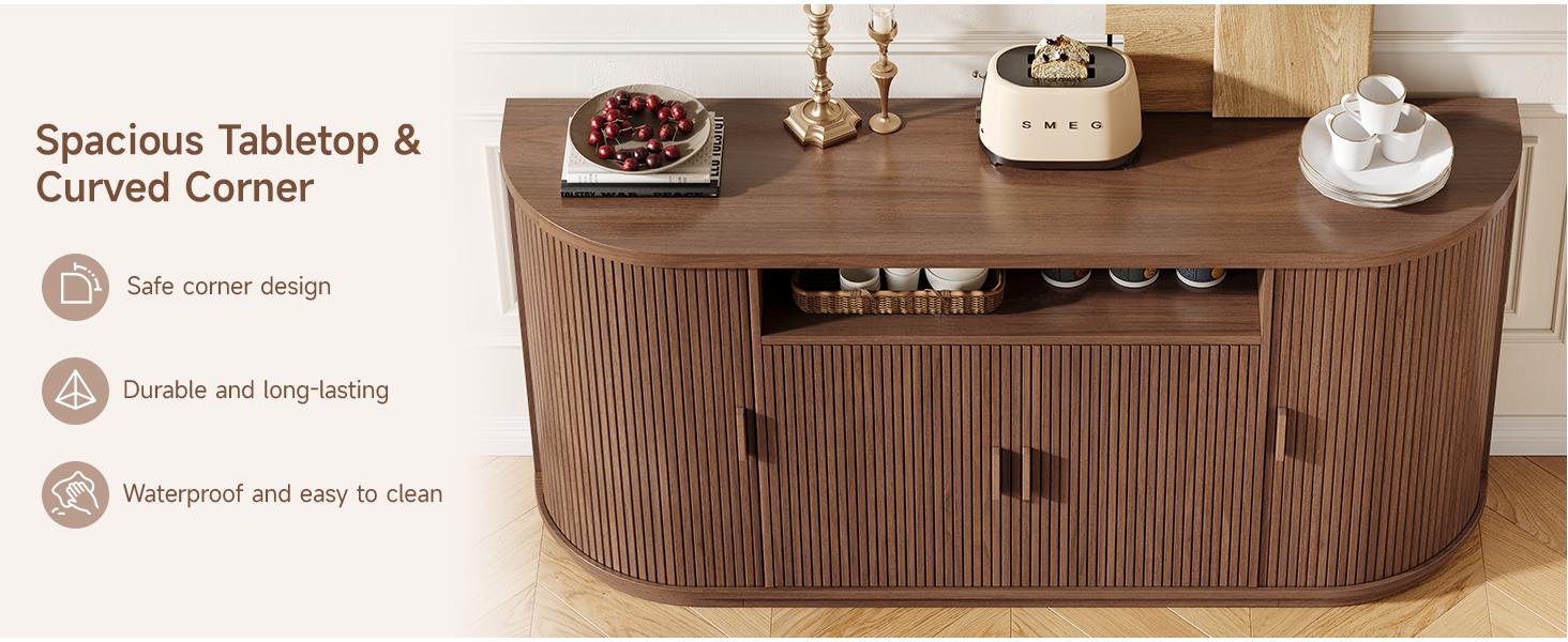 【SPRING GLOW UP】ONBRILL 63" Sideboard Buffet Cabinet with Storage, Modern Fluted Accent Credenza with Sliding Doors, Drawers and Adjustable Shelves, Wood Coffee Bar Console Table for Kitchen, Living Room, Enrtyway