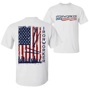 Ironworker American Flag Shirt, Steel Beam Worker Silhouette Skyline Graphic with Front Chest Text, Patriotic Blue Collar Construction Pride Gift
