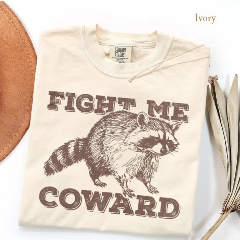 Comfort Colors Funny Raccoon T-Shirt, Fight Me Coward Tee, Vintage Graphic T-shirt for Men and Women, Sarcastic Humor Gift, Trash Panda Top, Gift for Her Him