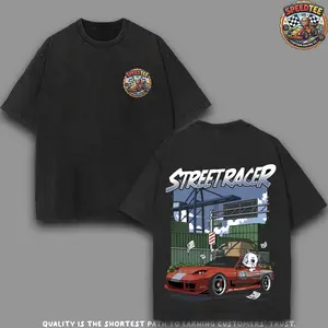 Street Racer JDM Graphic Tee | Oversized Acid Wash T-Shirt | Cartoon Mazda RX7 FD & White Cat Delivery Streetwear | Retro Touge Racing Heavyweight Cotton Shirt for Car Enthusiasts