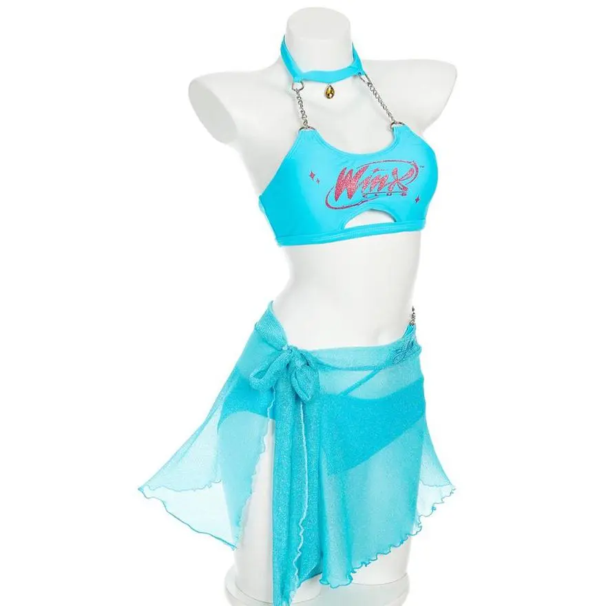 micotaku Winx Club Bloom Bikini Set for Women, 5-Piece Cosplay Halter Top with Back Lacing, Neck Chain, and Included Sarong, Bikini Top, Beach Swimming, Includes Sarong, Two-Pieces, Female Swim