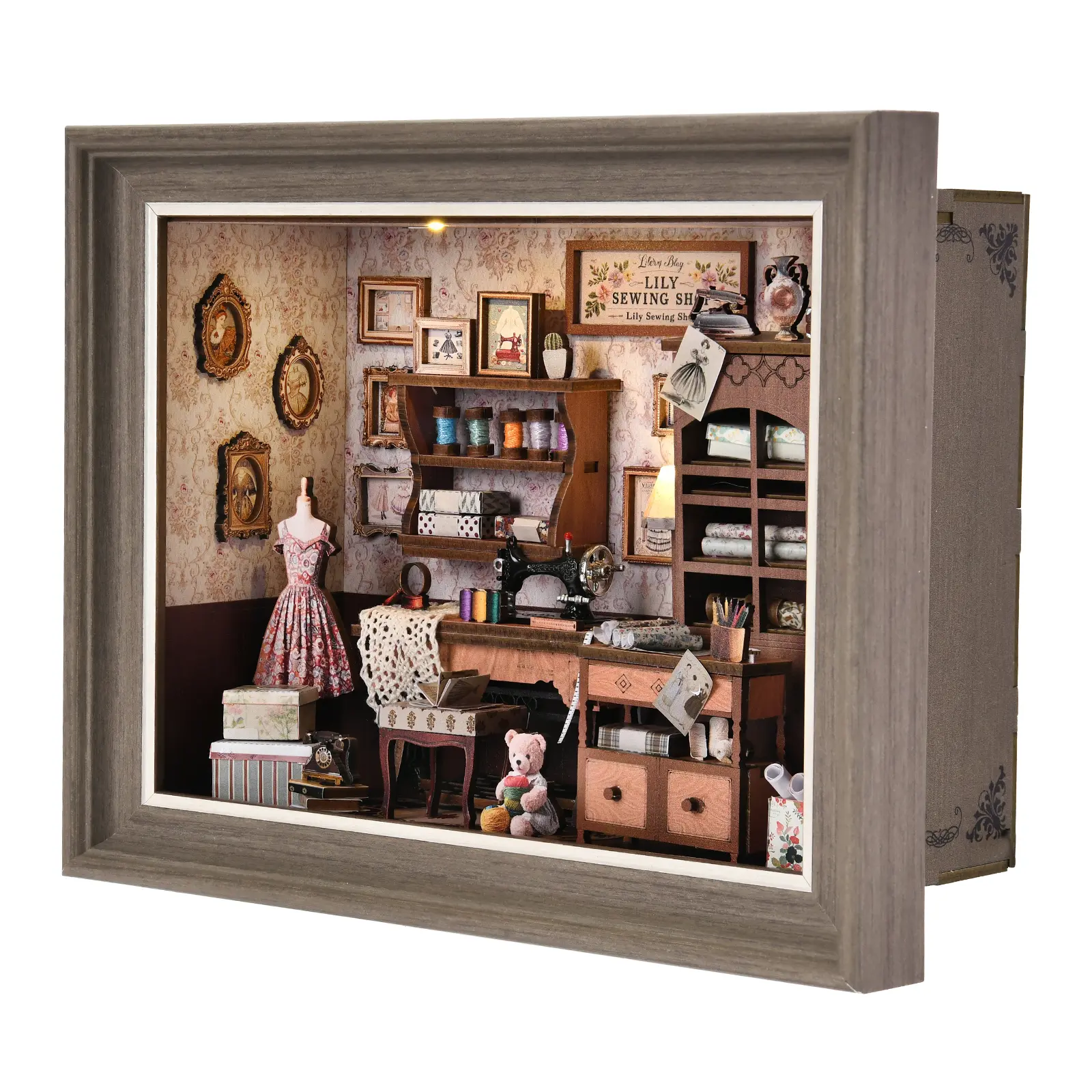 ETKVR ZR01  Book Nook Kit - 3D Wooden Puzzle with LED Switch Control & Wall-Mountable Frame，DIY Miniature House for Beginners，Bookshelf/Tabletop/Wall Decor for Craft Lovers，Dollhouse Gift (Lily Sewing Shop)