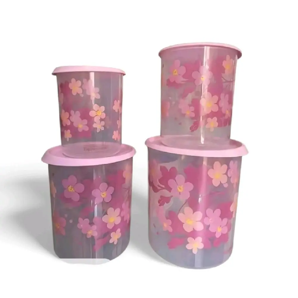 Tupperware Cherry Blossom Translucent One Touch Canister Set with Pink Floral Design for Storage