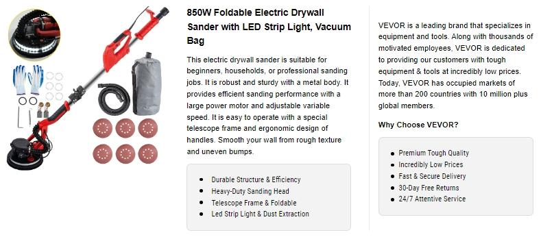 VEVOR Drywall Sander 850W, TikTokShopBlackFriday, Variable Speed 800-1750 RPM, Foldable Sheetrock Sander with Telescope Handle, LED Strip Light, Vacuum Bag & Gloves Heavy Duty Power Tools VEVOR Drywall Sander 850W, TikTokShopBlackFriday, Variable Speed 800-1750 RPM, Foldable Sheetrock Sander with Telescope Handle, LED Strip Light, Vacuum Bag & Gloves Heavy Duty Power Tools