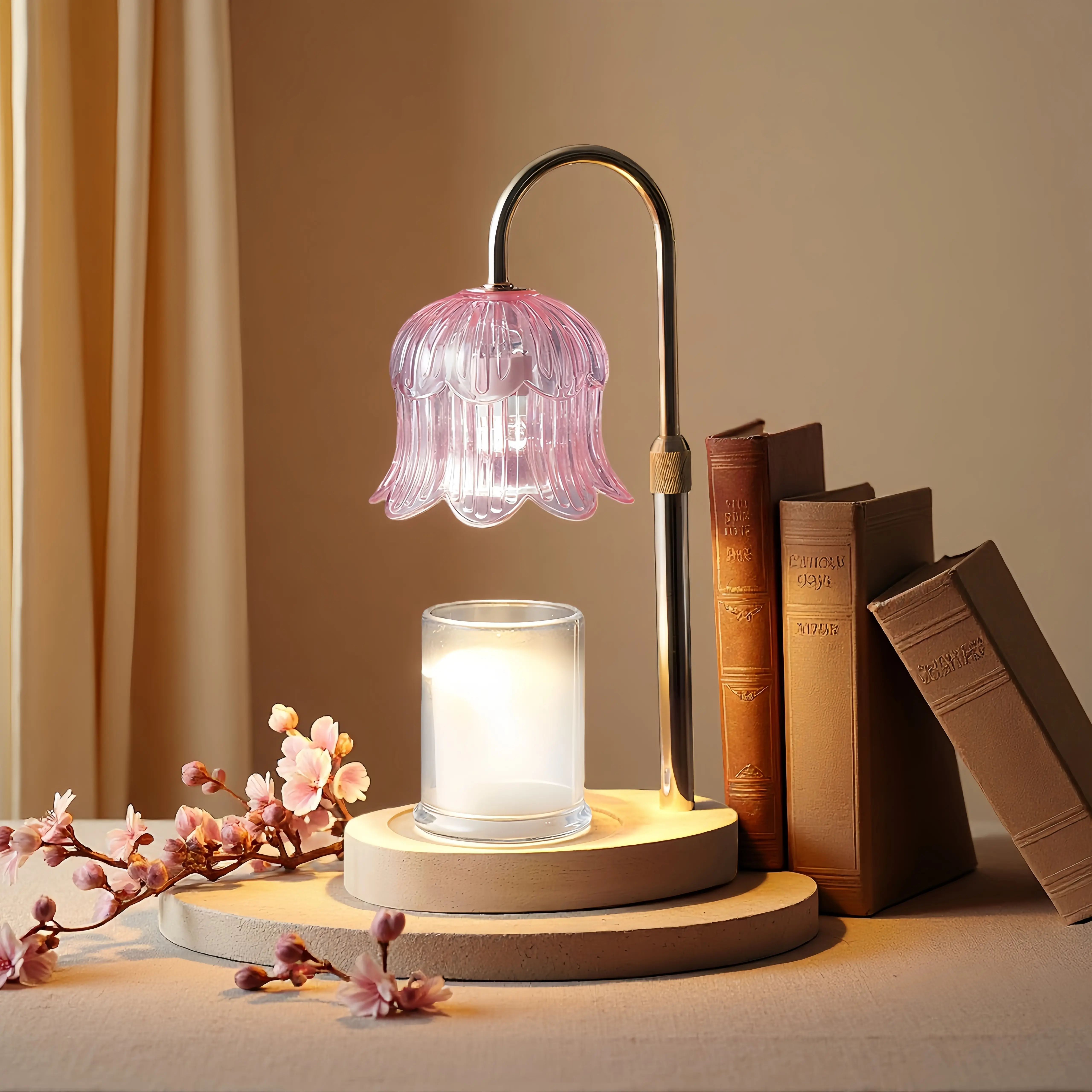 Candle Warmer Lamp with Auto Timer Wax Melter Warmer Decorative Flower Arrangement Green Color Adjustable Height 4-Level Brightness 8-Hour Sleep Mode Ambient Light Scented Jar tiktokshopspringglowup Decoration Home Decoration Fragrance Floral Glass