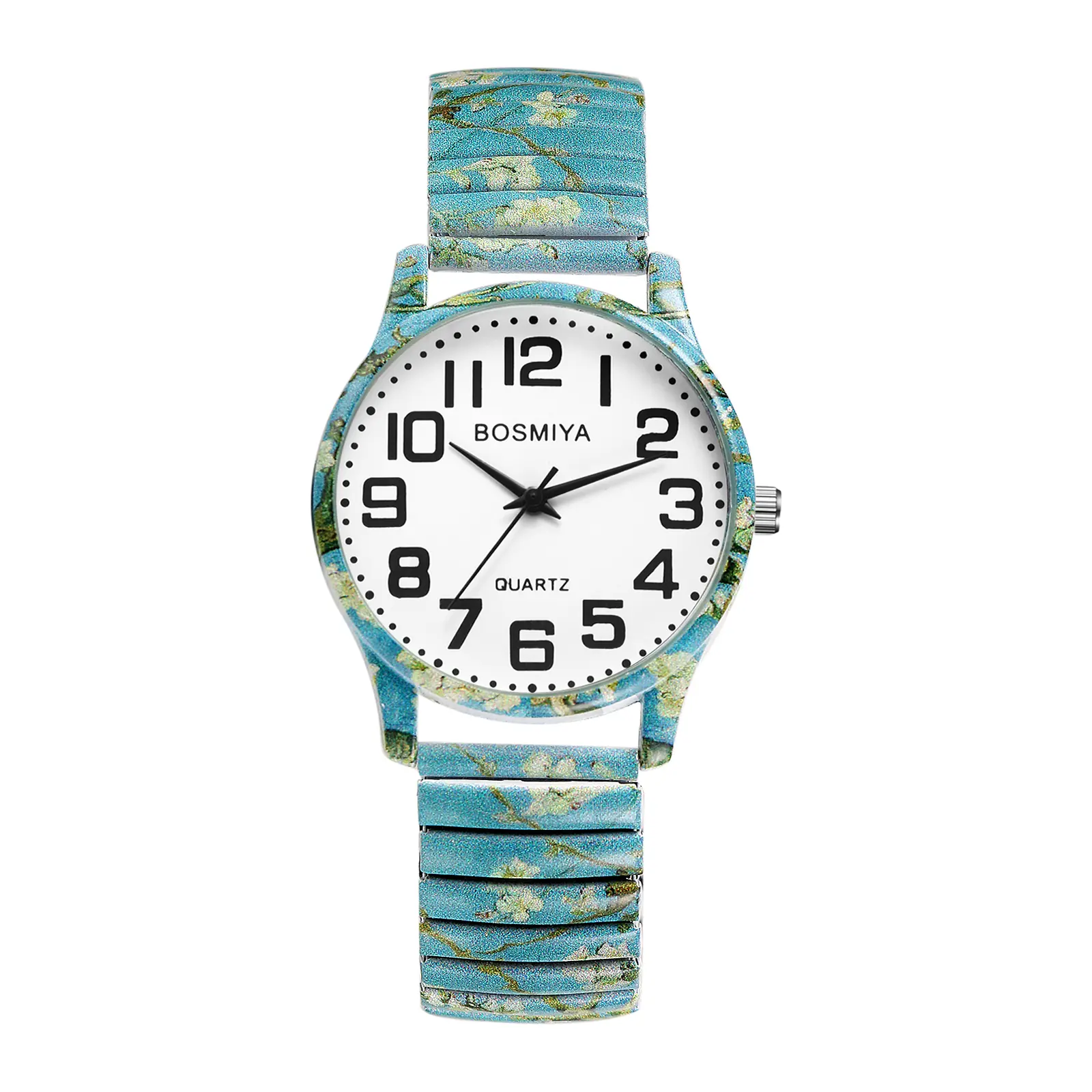 Ladies Expandable Bracelet Watches - Women Artistic Almond Blossoms Expansion Band Quartz Analog Large Arabic Numerals Dial Wristwatch summerwins