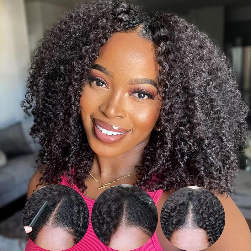 【3 In 1 Half Wig】Kinky Curly Half Wig Human Hair Burmese Curly 3 In 1 Half Wigs for Women V Part Burmese Curly Wig Human Hair Beginner Friendly Kinky Curly Wig Human Hair 180 Density