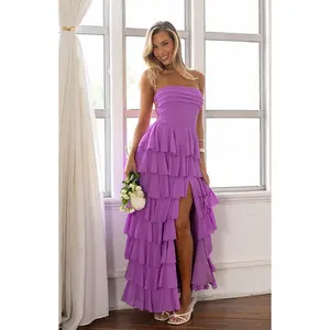 Kim Magenta Strapless Ruffle Prom Dress