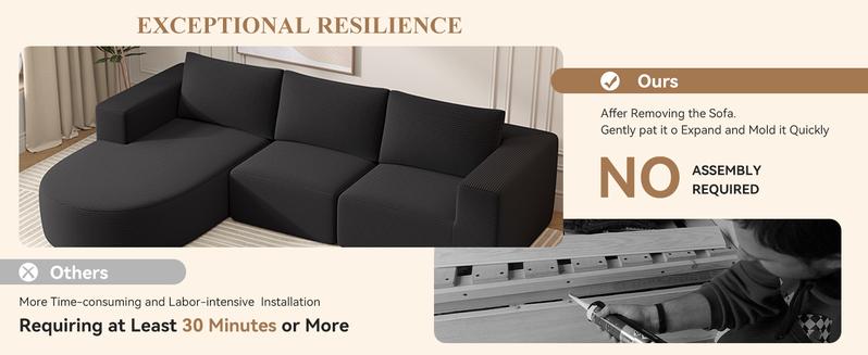 【2 Packages shipping】Modular Sectional Sofa with L-Shape Chaise,Cloud Sectional Modern Sleeper Couch with Deep Seat,Sponge Compression Sofas No Assembly Required (Beige-Corduroy Fabric)