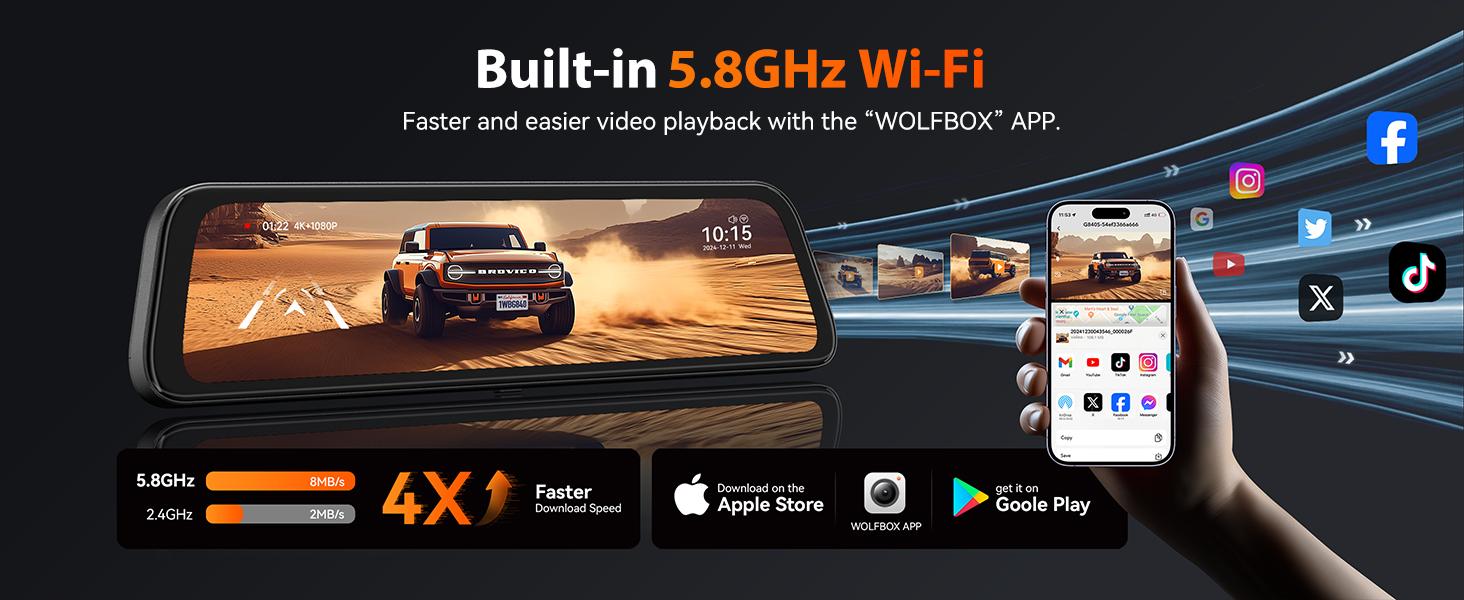 WOLFBOX G840S cámara de salpicadero con espejo de 12″ en 4K, Wi-Fi 5,8 GHz y GPS, doble cámara, visión nocturna, tarjeta de 32 GB, lente frontal 170° y trasera 140°, monitor de estacionamiento 24 h, TikTokShopHolidayHaul, grabadora para automóvil