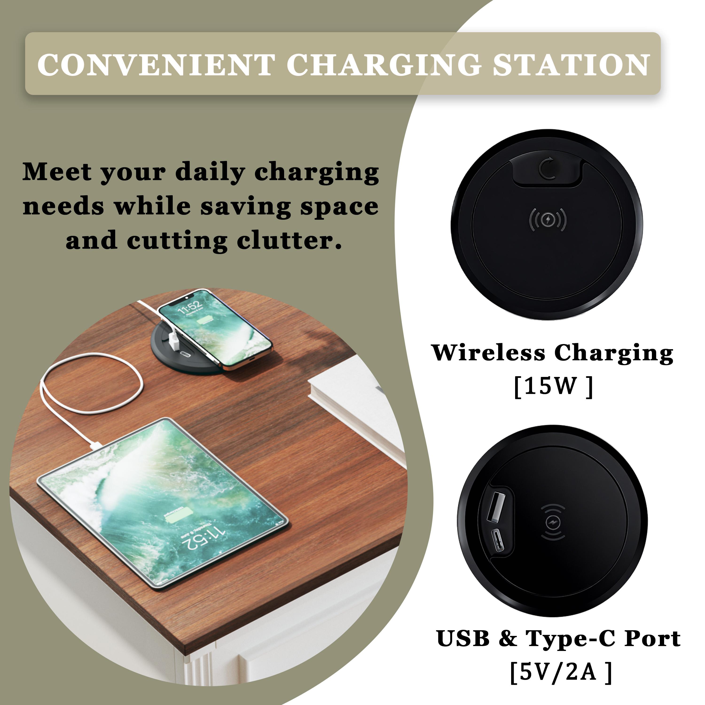 Farmhouse Nightstand with 3 Drawer, 22" Wide Side Table with Roman Columns, Bedside Table with Wireless Charging Station, Rustic Large End Table for Bedroom, White Farmhouse Nightstand with 3 Drawer, 22" Wide Side Table with Roman Columns, Bedside Table with Wireless Charging Station, Rustic Large End Table for Bedroom, White