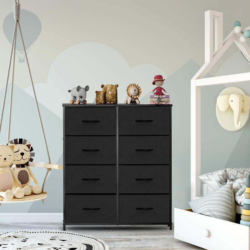Dresser for Bedroom with 8 Fabric Drawers, Tall Chest Organizer Units for Clothing, Closet, Kidsroom, Storage Tower with Cabinet, Metal Frame, Wooden Top, Lightweight Nursery Furniture