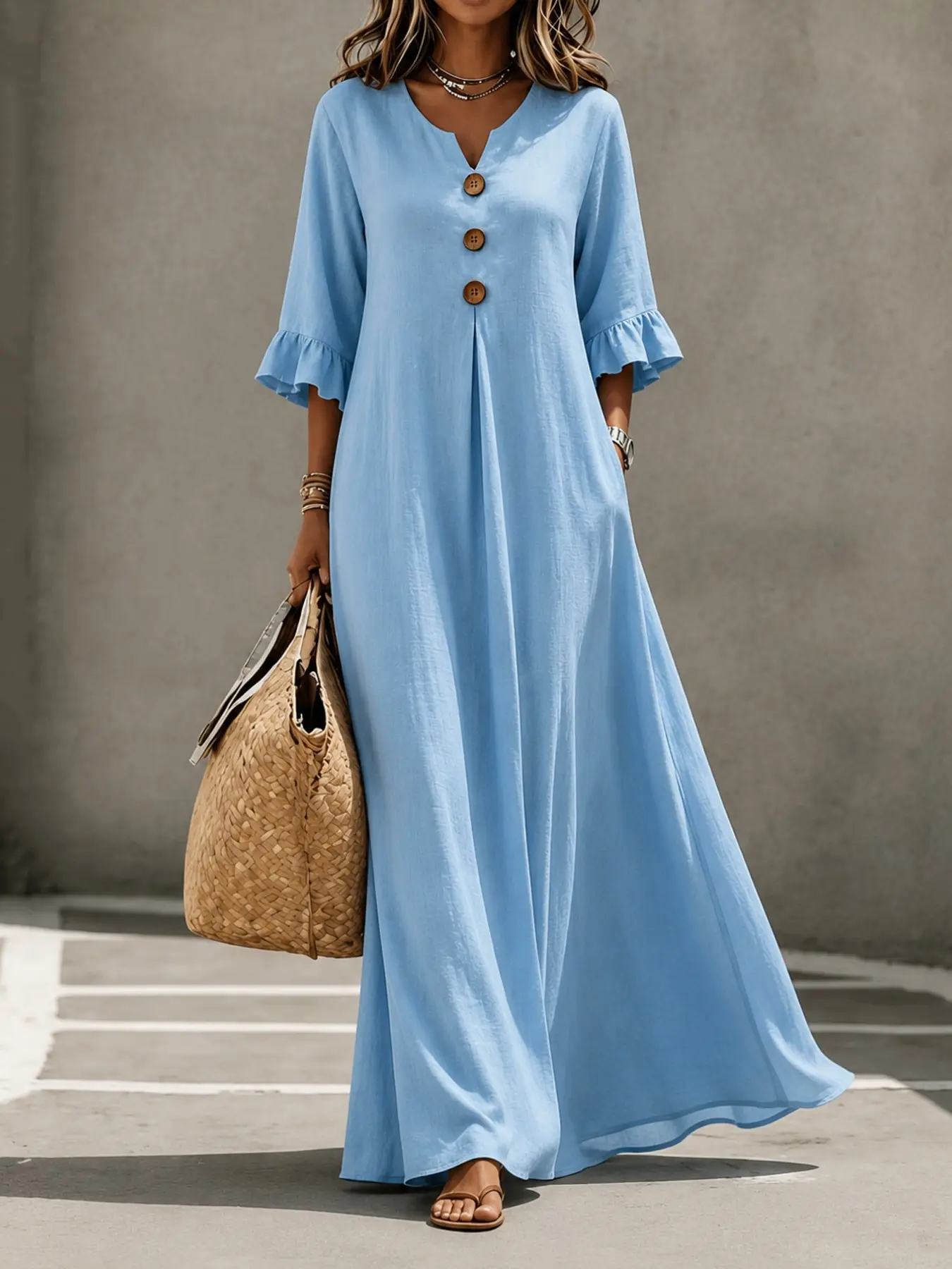 Women's Boho Aesthetic Style Solid V-Neck Dress with Wooden Buttons and Ruffle Sleeves, Loose-Fit A-Line Skirt, Fall & Winter Casual Wear