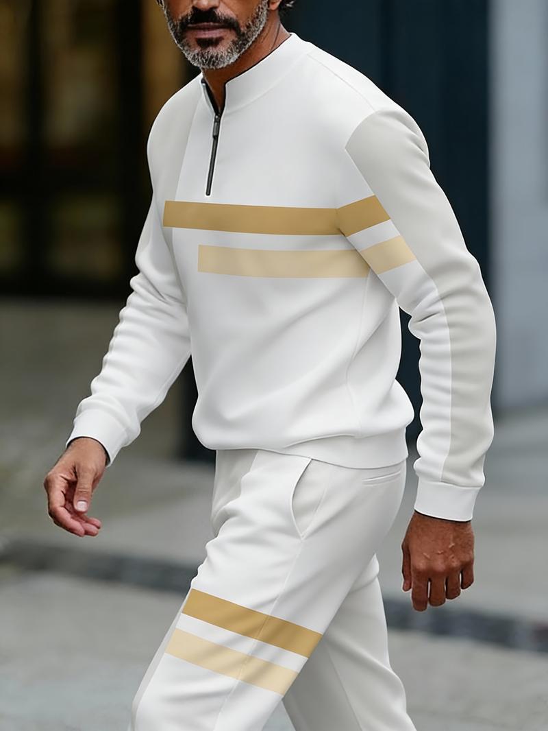 European and American two-piece men's white sports suit |     Geometric stripe design, semi open collar |     High quality polyester fiber fabric, wrinkle resistant and easy to maintain |     Fitness trend, suitable for sports and leisure style