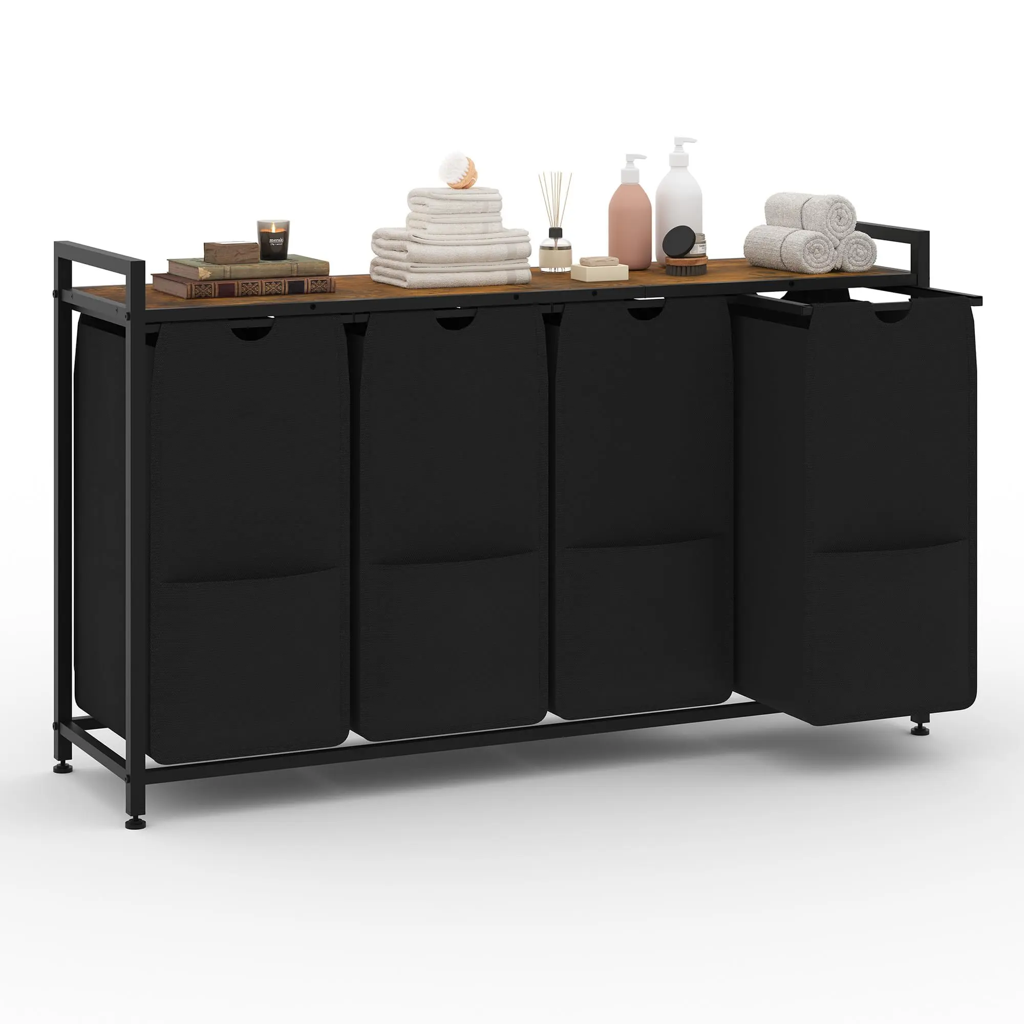 Laundry Basket Sorter with Shelf, 2-4 Removable Oxford Fabric Bags, Metal Frame & Adjustable Legs, Portable Dirty Clothes Organizer for Bathroom, Bedroom (2/3/4 Sections)