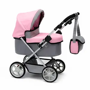Baby Doll Playset Stroller Pram Adjustable Hood Lightweight Foldable Buggy with Storage Basket & Shoulder Bag for Dolls Up to 55cm Realistic Design for Imaginative Play