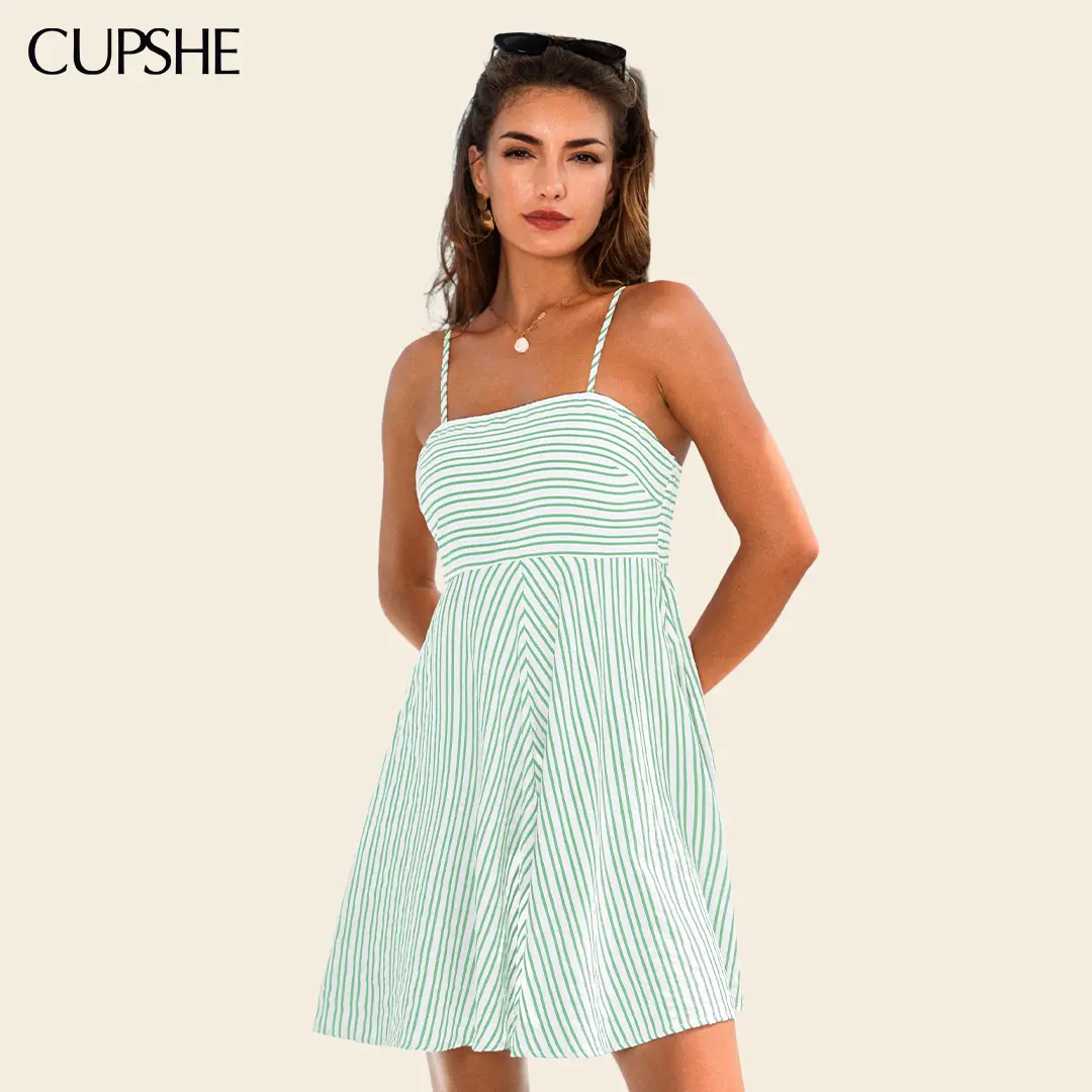 CUPSHE Women's Cute Dreamscape Striped Sleeveless Square Neck Woven Mini Dress - Casual Sundress for Summer Wear, M