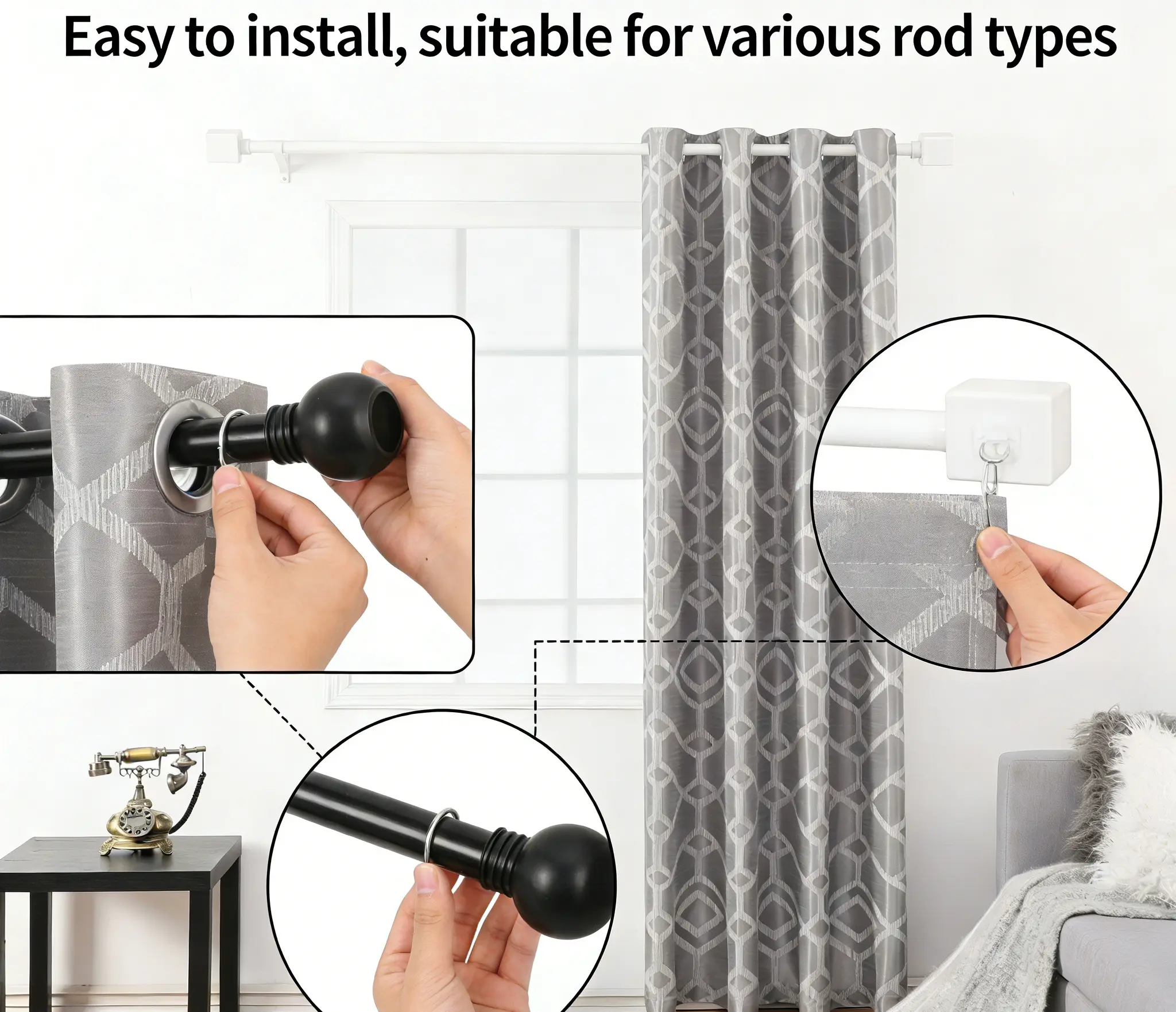 Geometric Pattern Grey Curtains 63 Inch Length 2 Panels, Grommet Top Light Filtering Window Curtains for Bedroom Living Room, Modern Ogee Trellis Design Drapes
