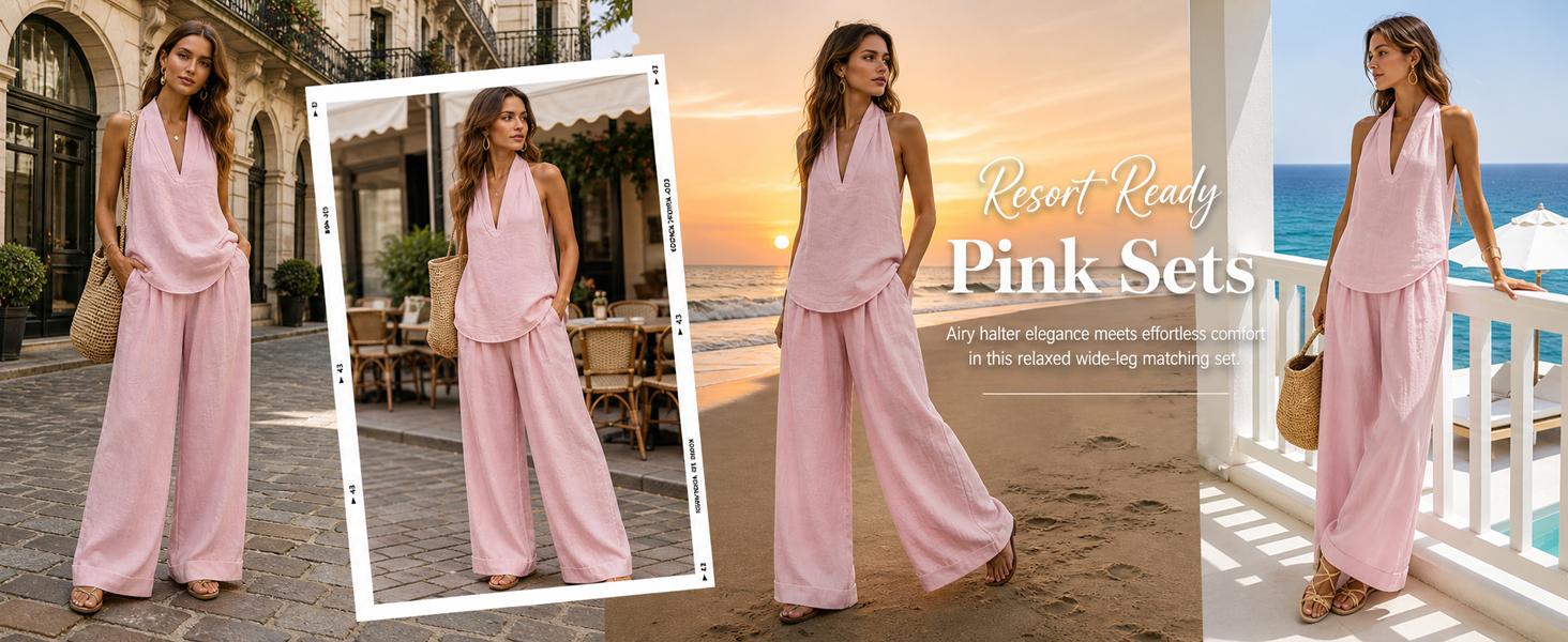 Tanming Women's 2-Piece Set, Soft Cotton Linen Halter Top & Wide-Leg Palazzo Pants with Pockets, Boho Summer Vacation Lounge Outfit for Cruises, Lightweight, Fabric, Women's Matching Sets, Clothes For Women