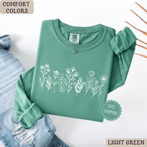 Minimalist Wildflower Long Sleeve Shirt, Comfort Colors Boho Tee, Cottagecore Nature Lover Gift, Botanical Line Art Plant Top