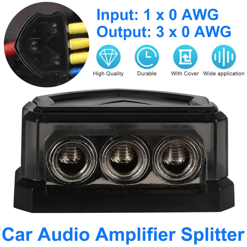 NSI 3-Way Power Distribution Block with Cover - 0 Gauge Input to 3×0ga Output Power Split, Automotive Car Boat Audio Ground Connecting Block