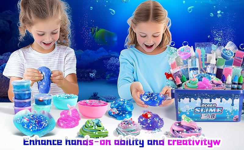 Christmas Gift Ocean Slime Kit for Girls 7-12 Years Old, Party Favor Gifts Slime Stress Relief Toy Scented Sludge Toy for Kids,Complete DIY Slime Making Kit for Kids and Boy