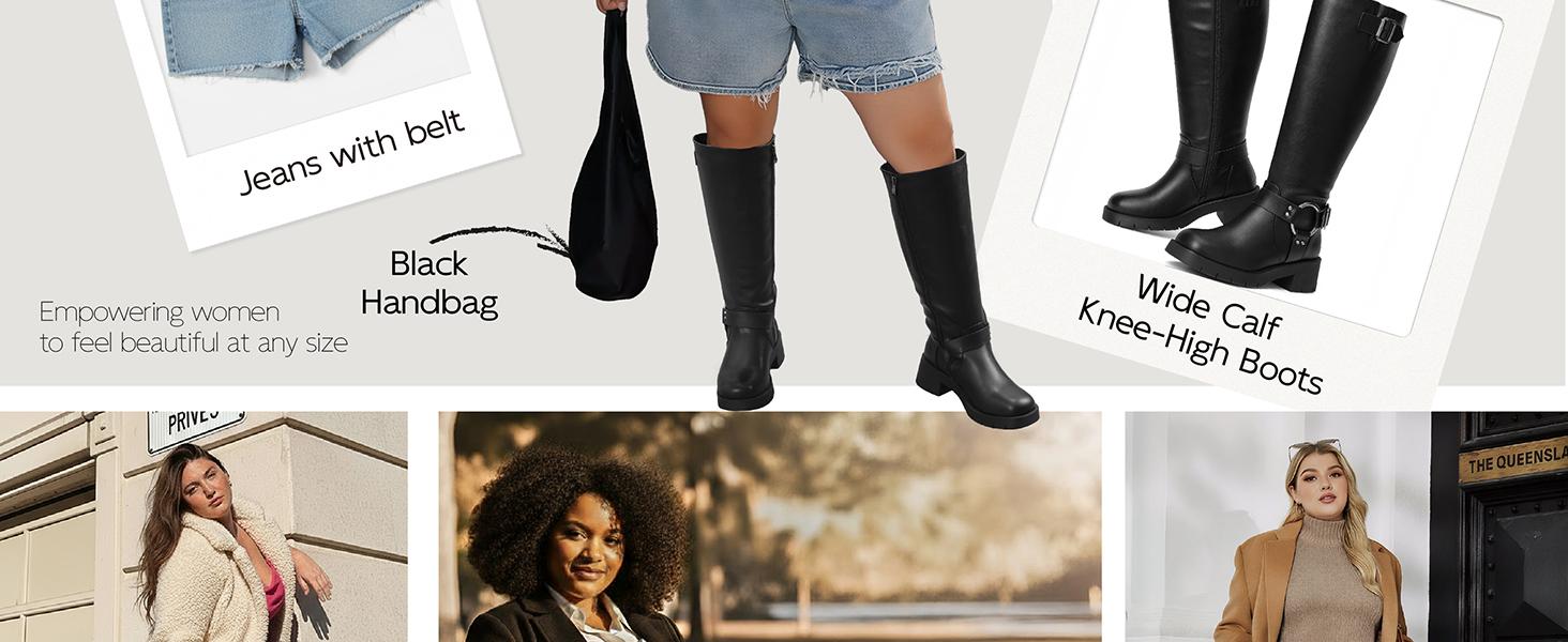 Wide Calf Boots for Women - Knee High Square Toe Wide Width Platform Plus Size Tall Boots with Side Zip, Elastic bands Buckle Chunky Heel Wide Leg Fashion Motorcycle Boot for Spring Fall, Valentine's Gift