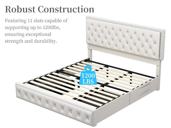 Sibeds Full LED Galaxy Bed Frame Set, Modern Smart Upholstered Platform Bed with Storage Drawers, Crystal Button Tufted Headboard, Solid Slat Support, Noise-Free, No Box Spring Needed, PU & Velvet, Black/White/Gray/Beige