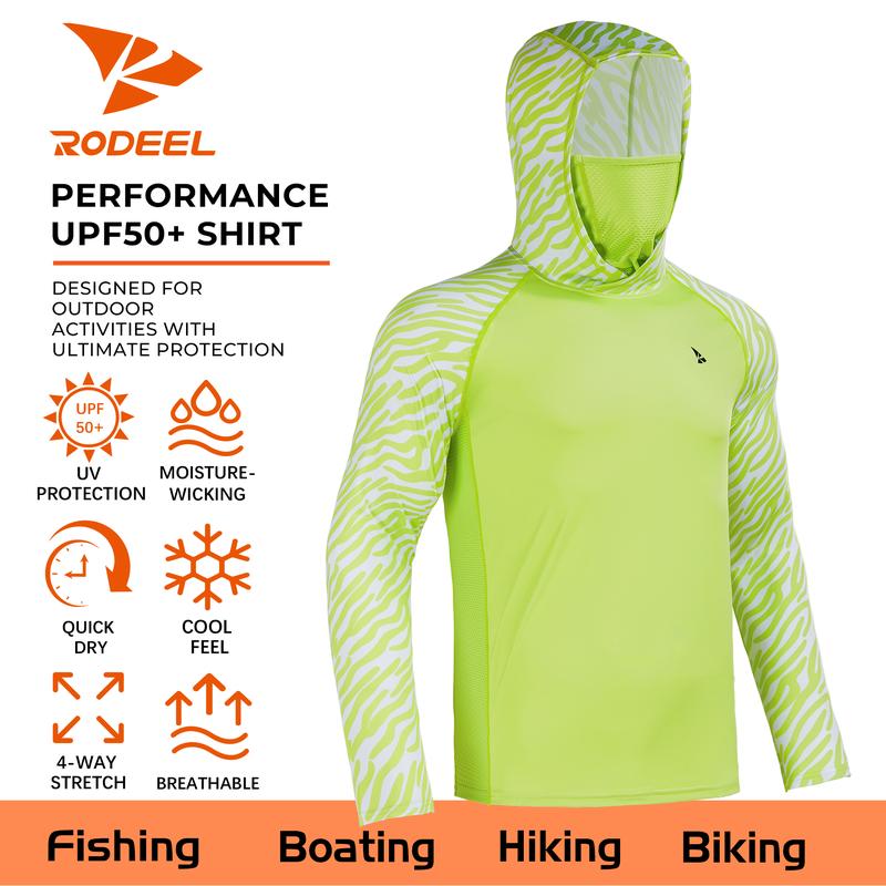 RODEEL 915 Sun Hoodie Shirts w/ Mask Neck Gaiter Men UPF 50+ UV Protection Long Sleeve Lightweight Quick Dry Moisture Wicking Breathable Cooling Activewear for Outdoor Sport Gym Fishing Roofing Landscaping Construction Gardening, Holiday Gift