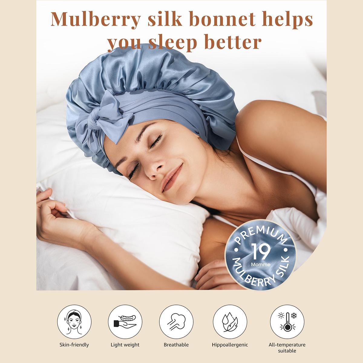 AWAYTR Silk Bonnet for Sleeping Women 100% Mulberry Silk Bonnets Double Layered Night Cap with Tie Band Reversible Hair Bonnet Sleeping Hair Wrap Pink Haircare Cap Heatless