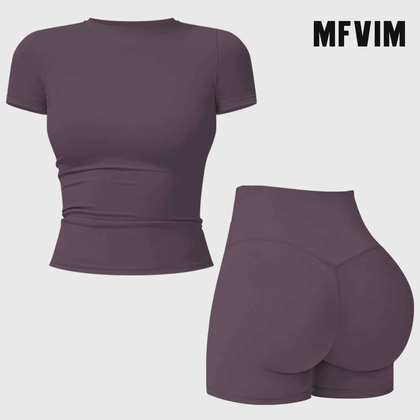 MFVIM 2-Piece Impact  Set for  Women's Long/Short Sleeve T-Shirt Tank Top +  Impact Shorts with Butt Lift, Seamless  Biker Shorts, Going Out  Set,  Clothing, Skinny Sports Apparel, Compression Activewear  Wear  Clothin gym fitness workout Yoga Bottoms Spr
