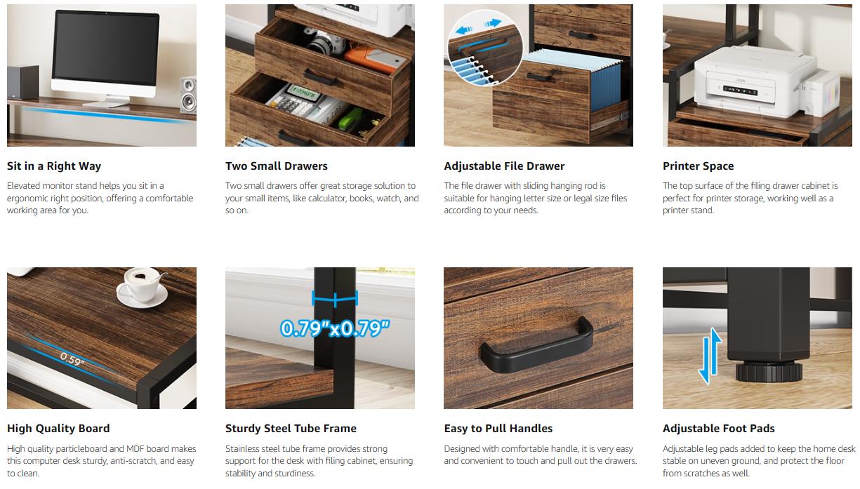 Tribesigns 63 Inch Computer Desk with File Drawer Cabinet, Ergonomic Office Desk with Monitor Stand and Ample Storage, Industrial Computer Table with Printer Space, for Home Office, Study, and Gaming