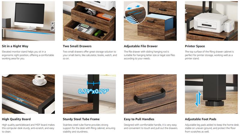 Tribesigns 63 Inch Computer Desk with File Drawer Cabinet, Ergonomic Office Desk with Monitor Stand and Ample Storage, Industrial Computer Table with Printer Space, for Home Office, Study, and Gaming