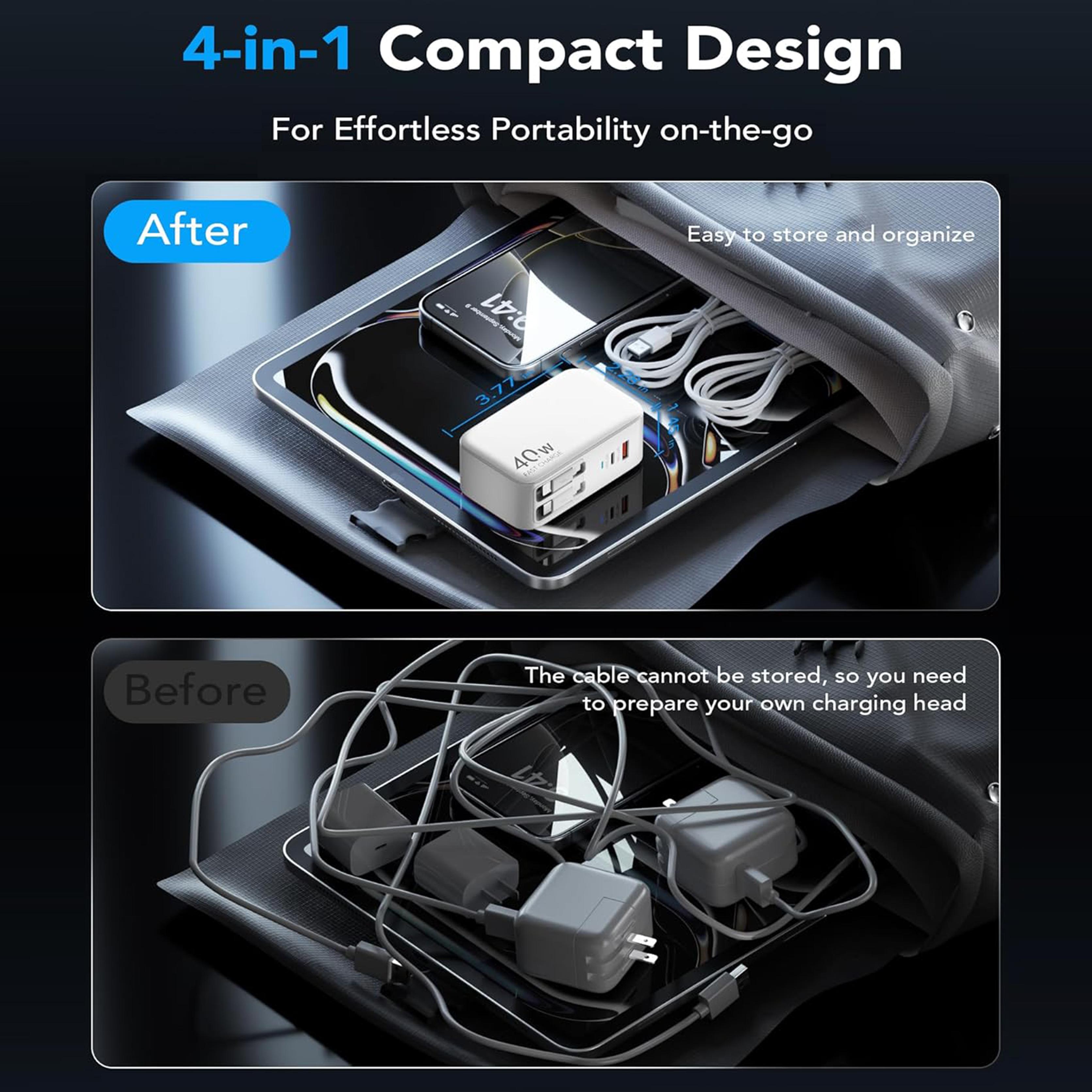 4-in-1 Retractable Gan Wall Charger Plug for iPhone 17 USB C,Travel Essentials Brick Multiport,3ft Lightening+ Type C Cables,40W Fast Charging Foldable Block for iPhone 17 Pro/16/15/14/13,iPad,Galaxy 4-in-1 Retractable Gan Wall Charger Plug for iPhone 17 USB C,Travel Essentials Brick Multiport,3ft Lightening+ Type C Cables,40W Fast Charging Foldable Block for iPhone 17 Pro/16/15/14/13,iPad,Galaxy