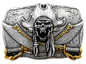 Pirate Skeleton Head Belt Buckle with Gold Swords Vintage Western Buckle Fits 1.5" (38mm) Wide Belt