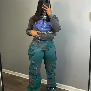 2025 New Women's Fashion Personality Trend Multi-pocket Tie-dye Jeans High-waist Straight-leg Pants Denim Green Bottoms Fabric Can be used with a raincoat