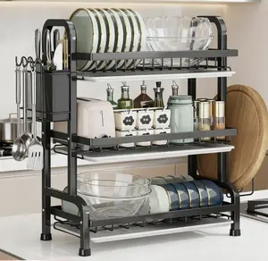 3-Tier Stainless Steel drainboard Dish Drying Rack – Large Capacity Kitchen Counter Organizer with Multi-Layer Storage, Space-Saving Holder for Plates, wine glass, Bowls, Utensils & Cups – Black Rustproof Metal Stand, potrack, holodays deals