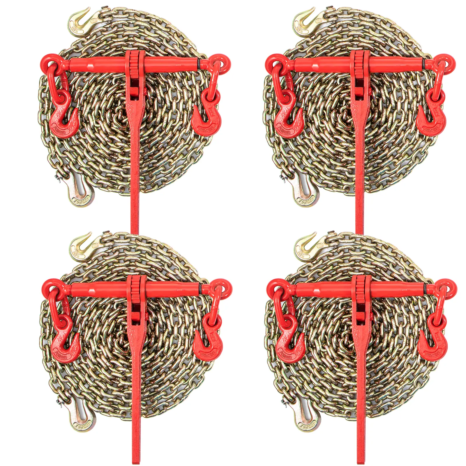 Chain Load Binder, 5/16" Tie Down Kit w/ 6600LBS Working Load Capacity and Two Grab Hooks, Includes (4) Ratchet Binders - (4) 21' Grade 80 Chains, Transport Load Package for Hauling, Towing