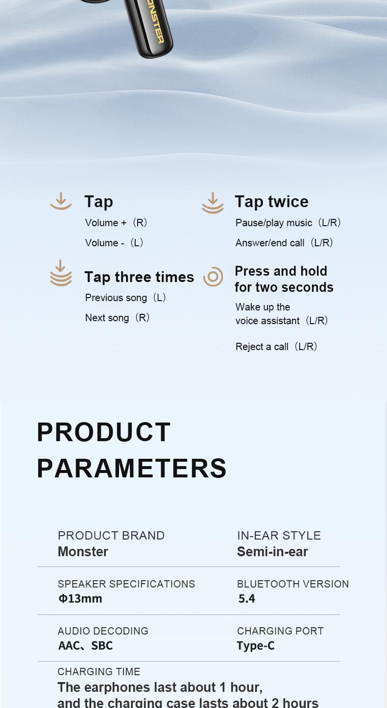 Monster Earbuds Real-Time, Voice-to-Text Recording, Baidu App Language Assistant, Noise-Cancelling Calls, Ultra-Light 0.13oz, Bluetooth 5.4 Headphones, 10-Min Quick Charge for 1-Hour Playback, Business Travel Learning, Gifts for Men & Women