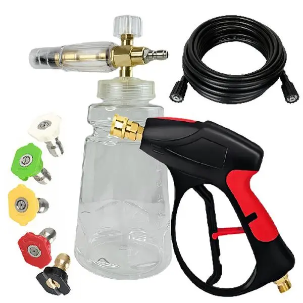 High Pressure Washer Handheld Water Spray Tool Snow Foam Lance,3000 PSI 1L Cannon Foam Blaster Power Washer With 1/4" Quick Connector Car Wash Foam Cannon Kit With 5 Pressure Washer Nozzle Tips+30FT Hose