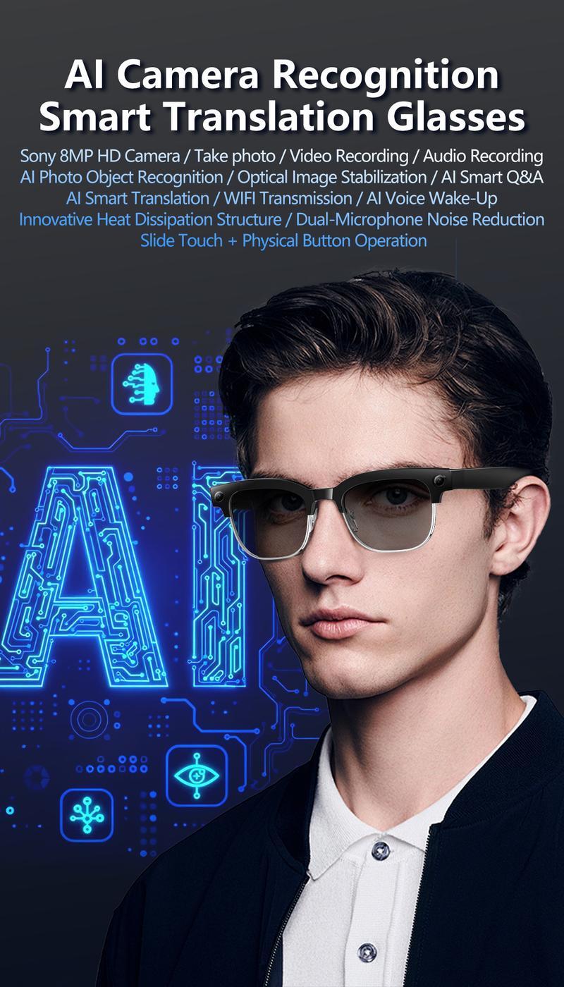 Smart AI Camera Glasses with 8MP Photochromic Lenses ,Button Touch Adjustment for Travel Outdoor Adventures Hands-Free Photography 160+Languages Real-Time Translation Bluetooth Wireless Wearable Video Recording UV Protection