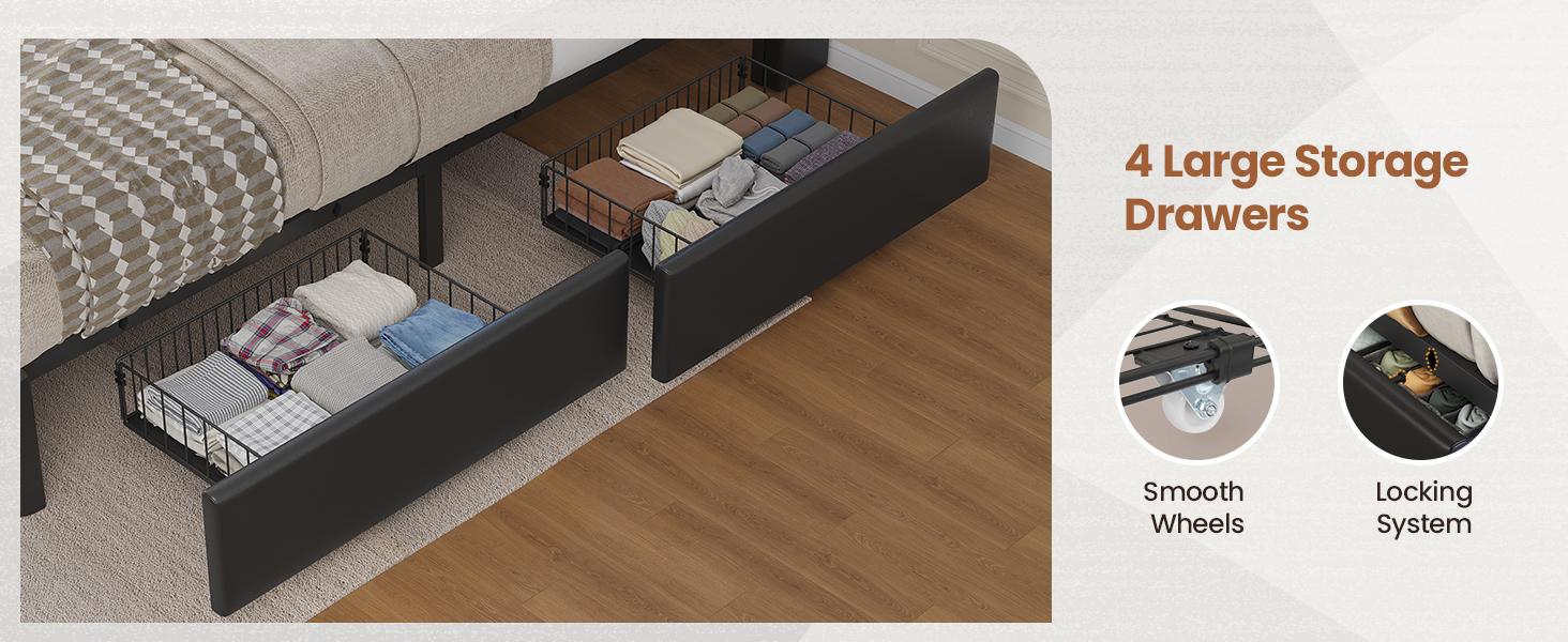 Sikaic LED Bed Frame with Storage Headboard 4 Drawers and Charging Station Leather Upholstered  Button Tufted Platform Bed Frame No Box Spring Needed Black PU