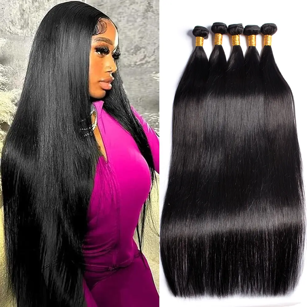 12A Silky Straight Human Hair Bundles (100g/bundle) — Made from 100% high-quality, unprocessed Remy virgin hair; straight hair bundles for women, Brazilian human hair, natural black. suitable for sew-in installations.