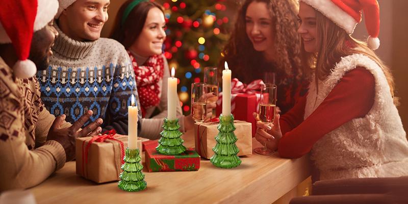 NUPTIO Christmas Tree Candle Holder: 3 Pcs Green Glass Candlestick Holders, Indoor Christmas Oraments, Taper Candle Holders for Table Centerpiece Dinner Gathering Party Home Decor