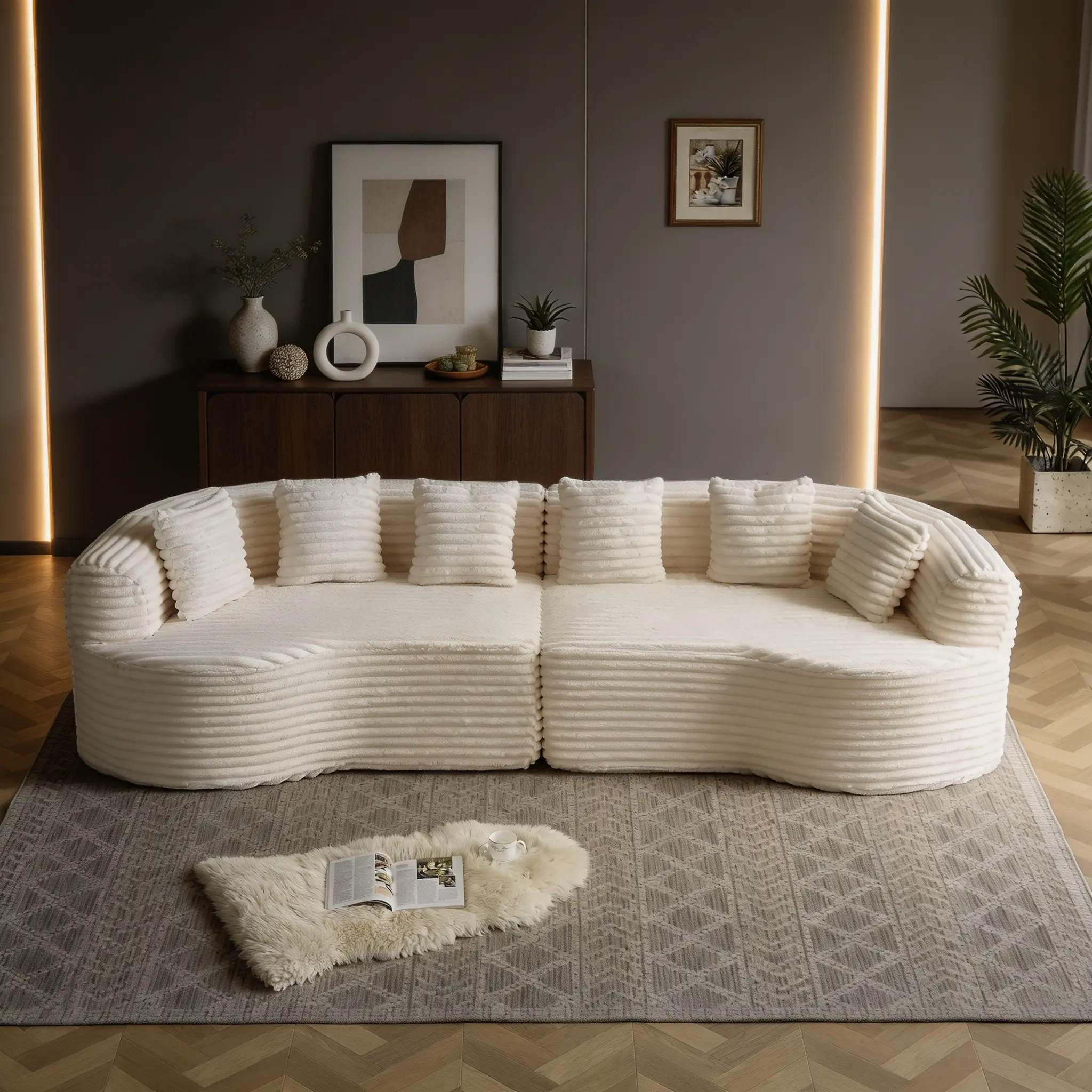 Curved Sectional Sofa | 111.5” Oversized Boneless Cloud Couch. Luxury corduroy four-seater with memory foam and deep seat. Packed with 6 decorative pillows, sleek curved silhouette brings sophisticated modern styling to refresh your living area.