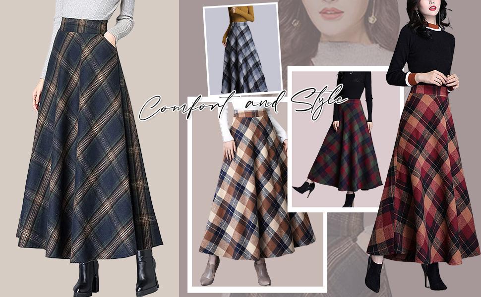 Ebossy Women's Vintage High Waist Wool Blend Plaid A-Line Long Maxi Skirt with Pocket Bottoms Womenswear