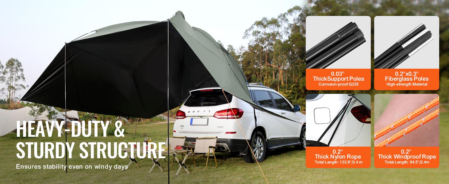 VEVOR Vehicle Awning, TikTokShopBlackFriday, Large 10' x 7' Shade Coverage Car Side Awning, PU2000mm UV50+ Car Awning with Extended Side Canopies and Portable Storage Bag, Suitable for Truck, SUV, Van, Campers