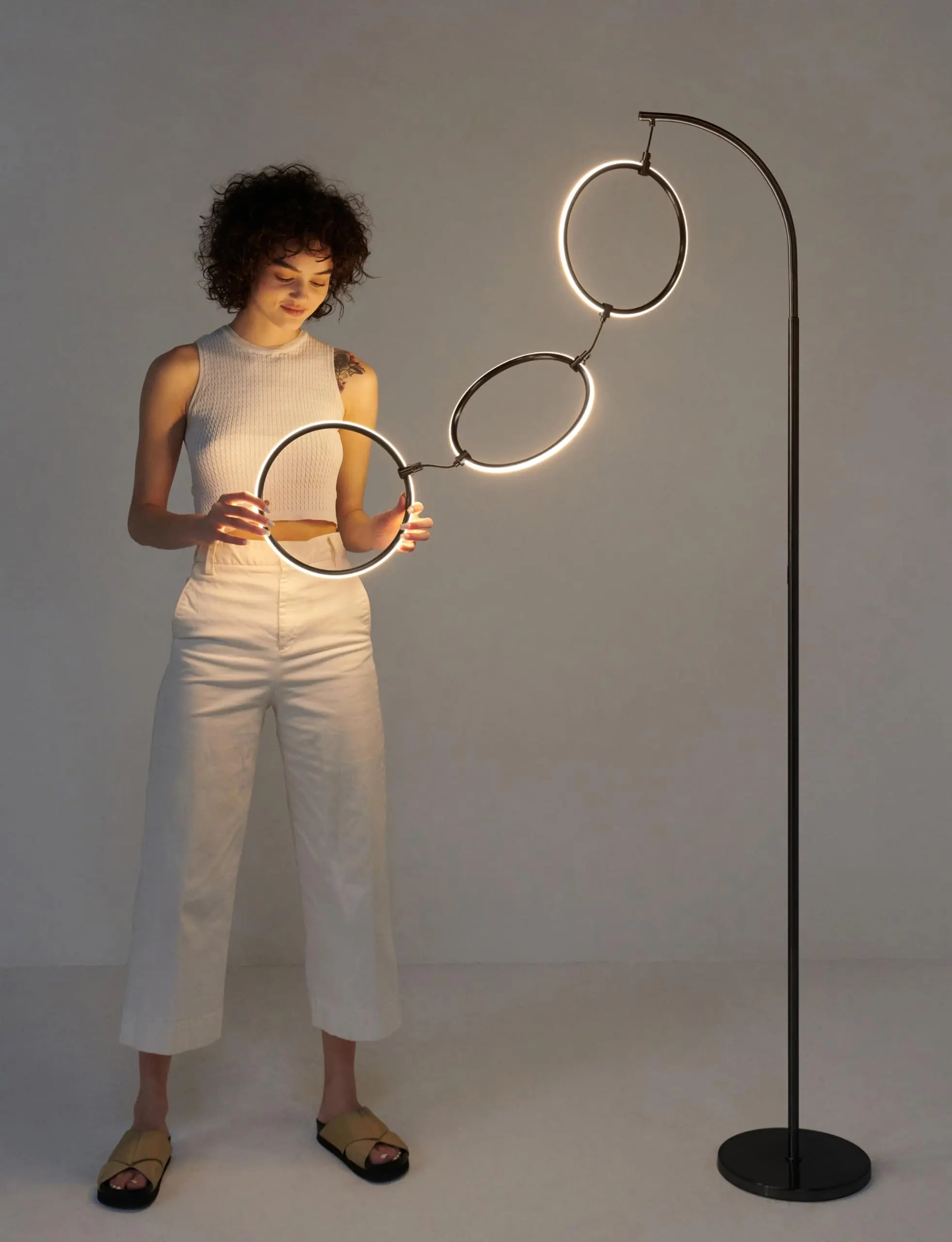 Brightech Nova Modern Metal Frame Floor Lamp - Contemporary Arc Tall Arching Pole Light with 3-Circle Ring Pendant, Adjustable Dimmable Ambient Decoration Lamp for Living Room, Over-The-Couch After Dark Decor