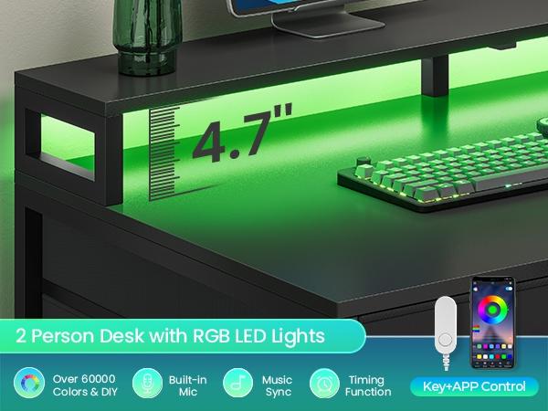 SEDETA 94.5 Inch 2 Person Gaming Desk Long Office Computer Desk with LED Lights 8 Storage Drawers Power Outlet